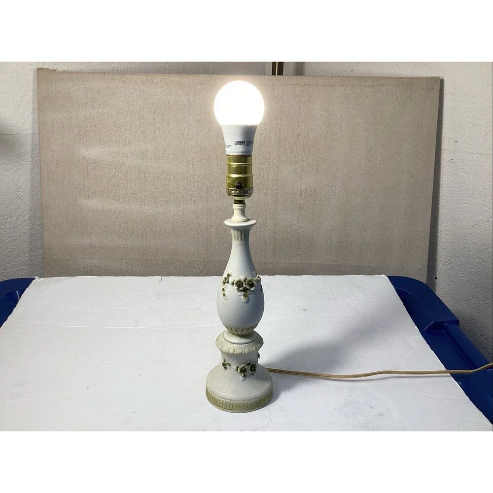 vintage Japanese porcelain lamp applied three dimensional flowers 13.5”